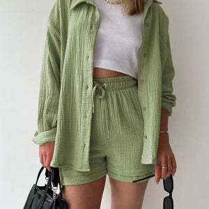 Texture Button Up Shirt and Drawstring Shorts Set Trendsi