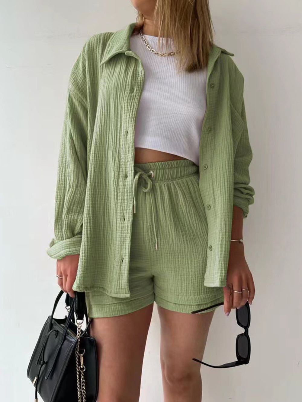 Texture Button Up Shirt and Drawstring Shorts Set Trendsi