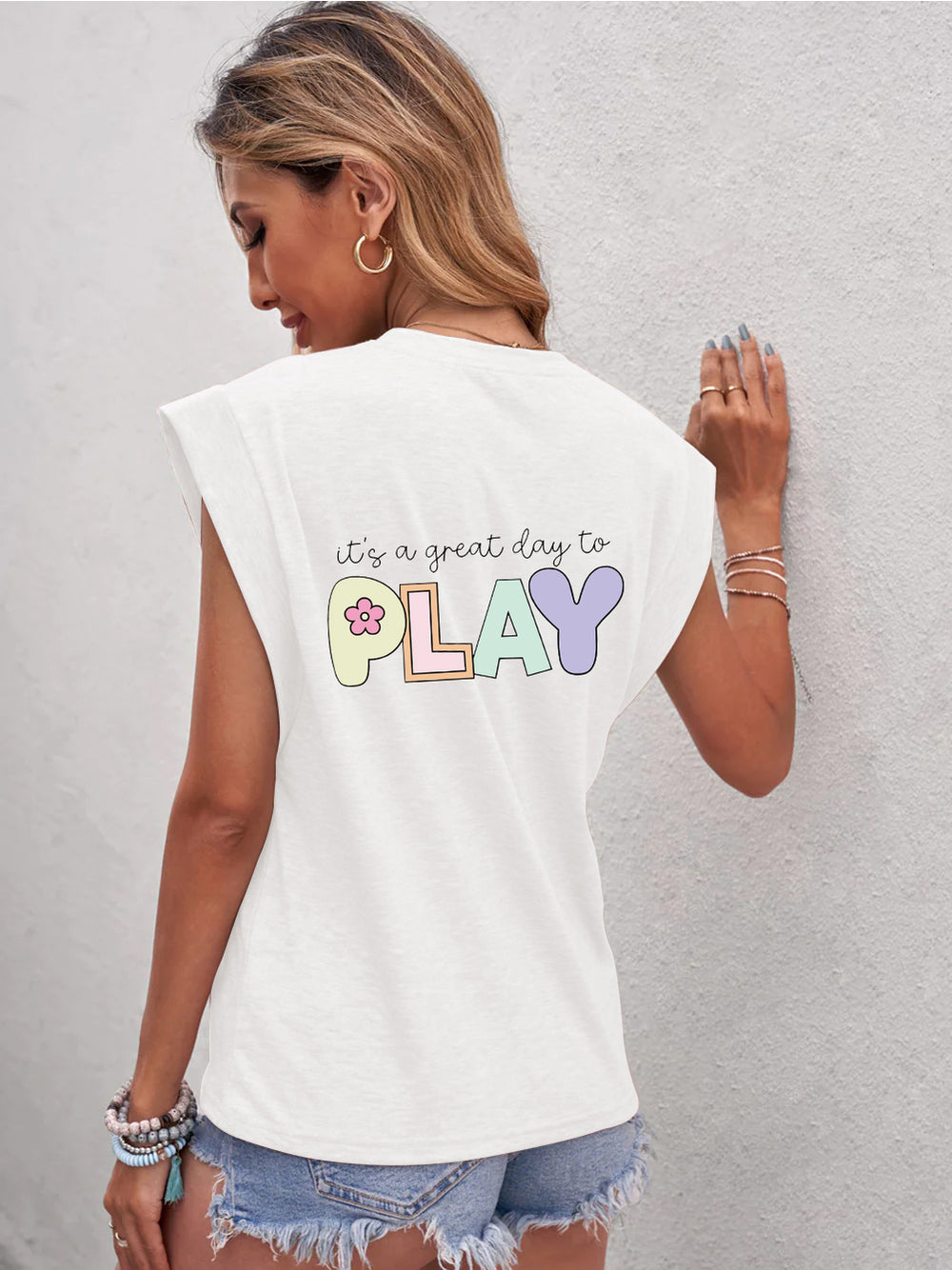 Full Size Letter Graphic Round Neck Cap Sleeve T-Shirt Trendsi