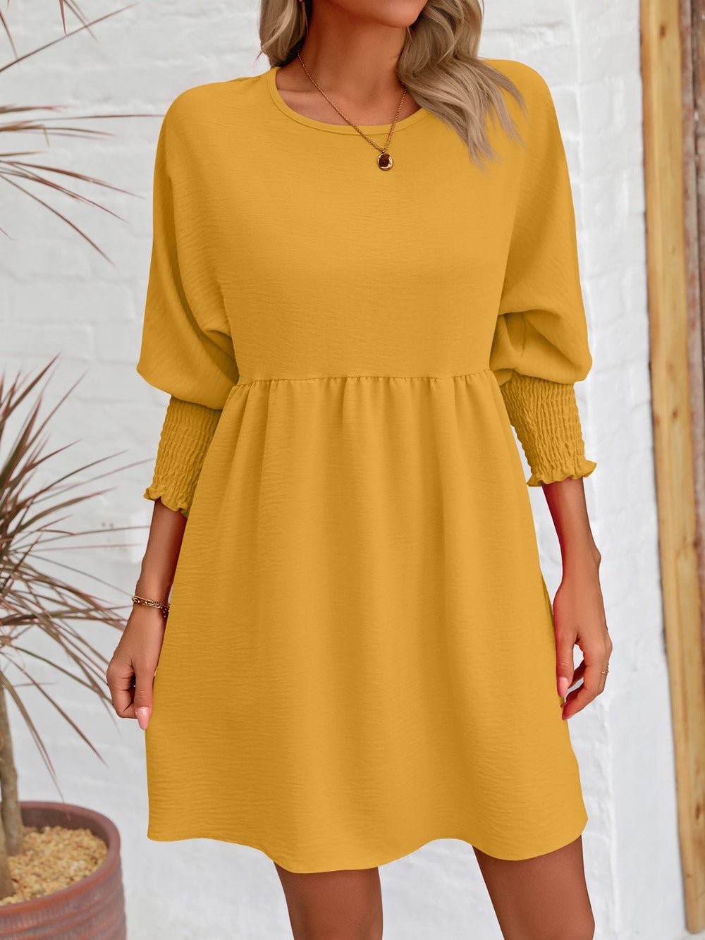 Round Neck Lantern Sleeve Mini Dress Trendsi