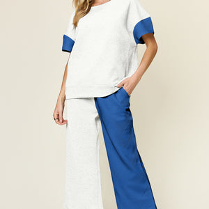 Double Take Full Size Texture Contrast T-Shirt and Wide Leg Pants Set Trendsi