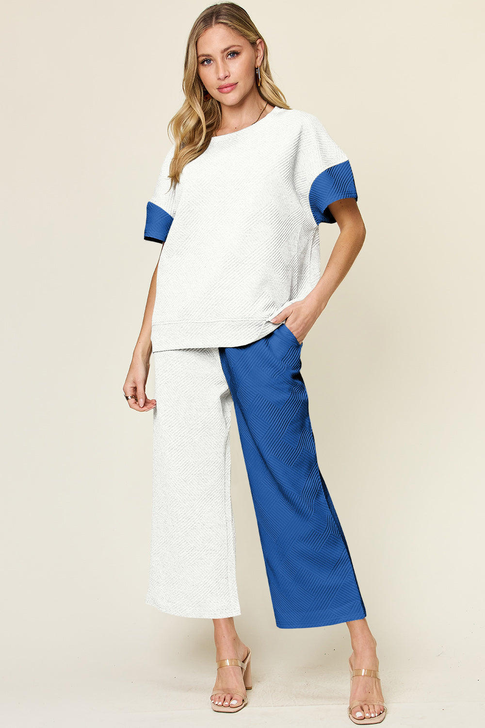 Double Take Full Size Texture Contrast T-Shirt and Wide Leg Pants Set Trendsi