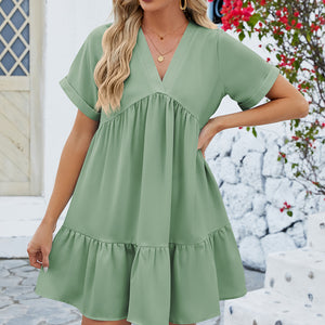 Ruched Tiered V-Neck Short Sleeve Mini Dress Trendsi