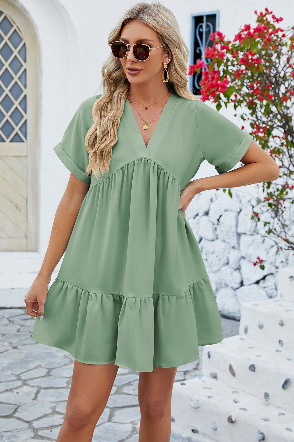 Ruched Tiered V-Neck Short Sleeve Mini Dress Trendsi