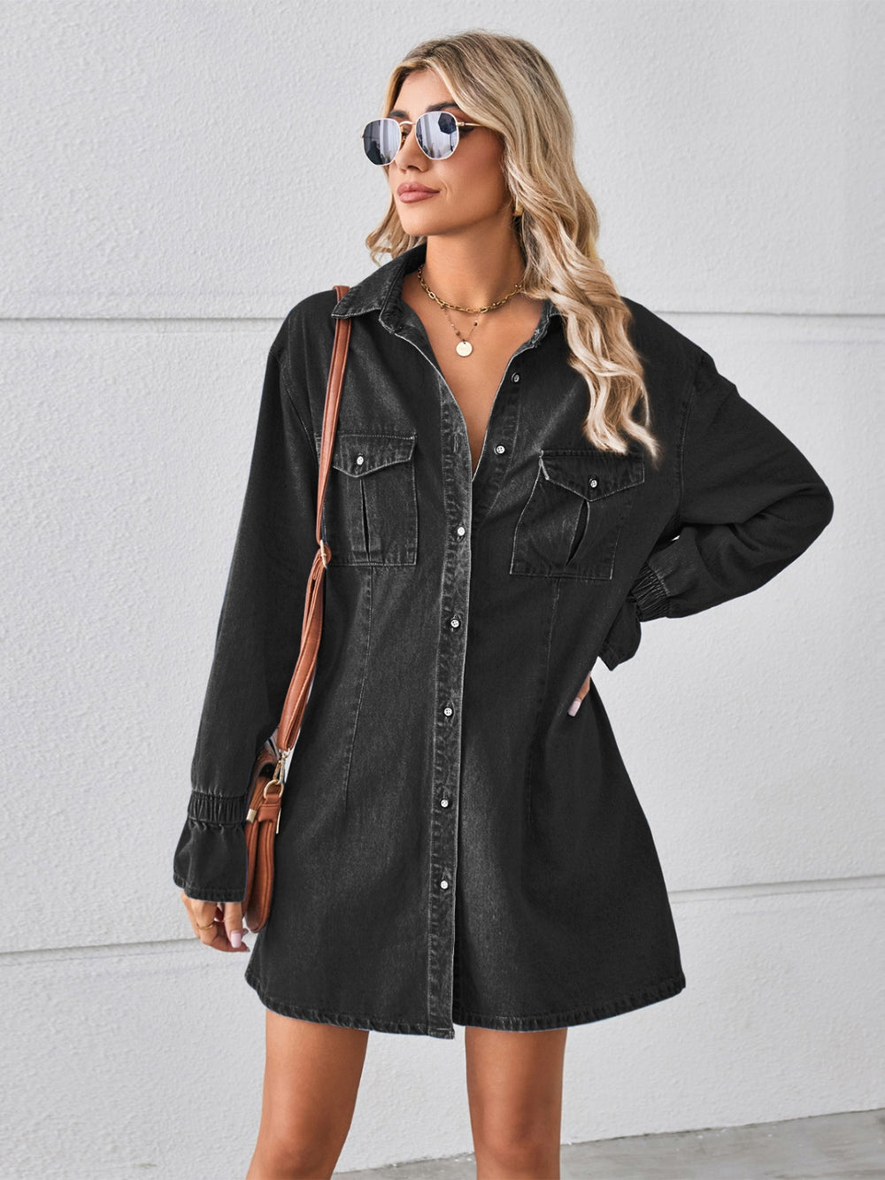 Pocketed Dropped Shoulder Mini Denim Dress Trendsi