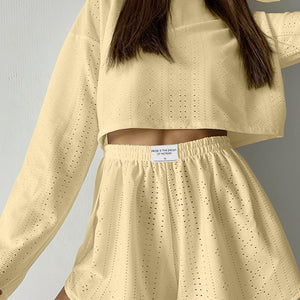 Eyelet Round Neck Top and Shorts Set Trendsi