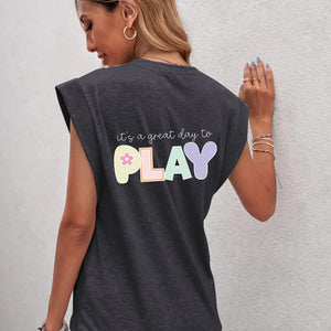 Full Size Letter Graphic Round Neck Cap Sleeve T-Shirt Trendsi