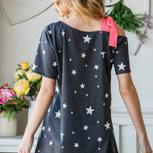 Heimish Full Size Star Print Asymmetrical Neck Short Sleeve Top Trendsi