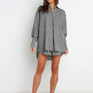 Striped Dropped Shoulder Shirt and Shorts Set Trendsi