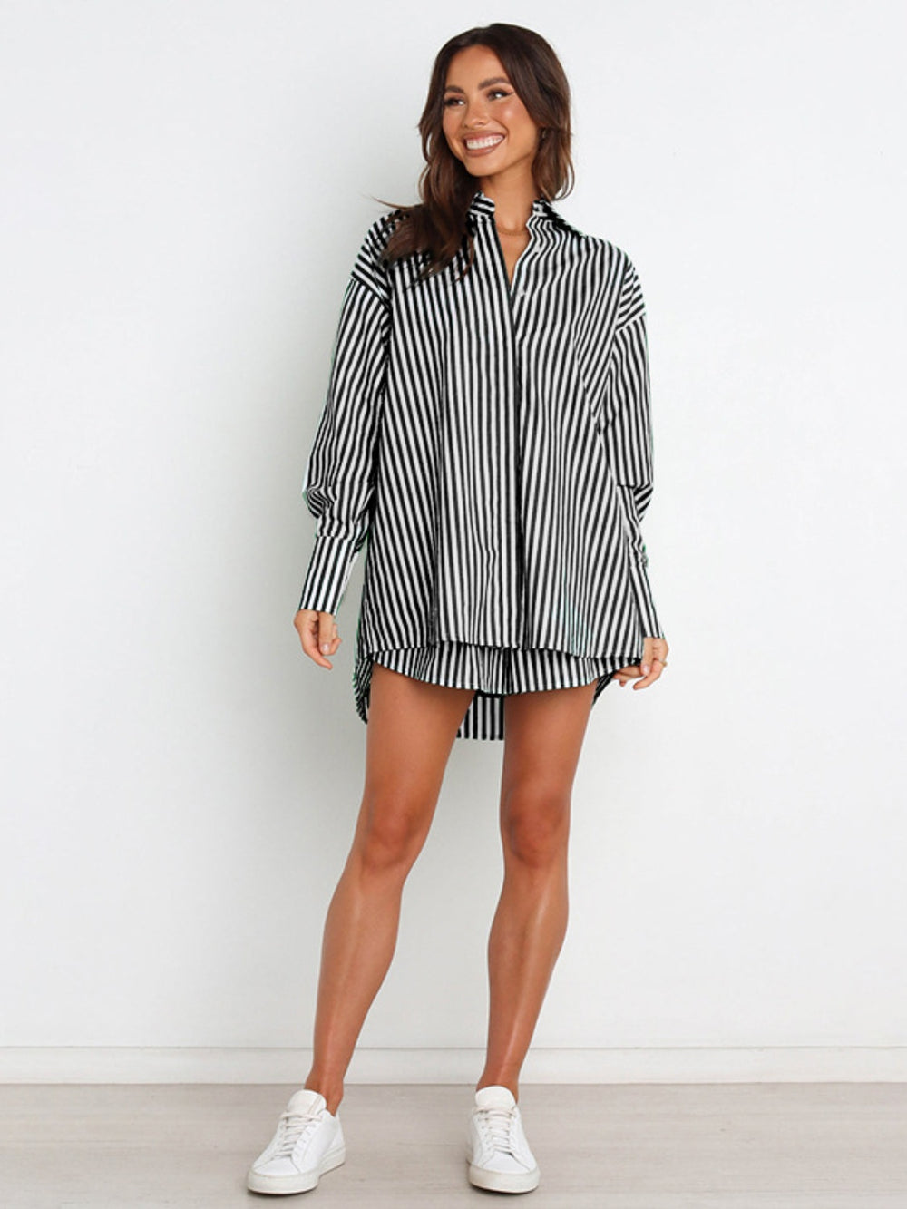 Striped Dropped Shoulder Shirt and Shorts Set Trendsi