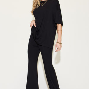 Basic Bae Full Size Bamboo Drop Shoulder T-Shirt and Flare Pants Set Trendsi