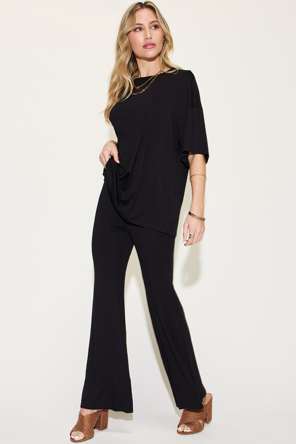 Basic Bae Full Size Bamboo Drop Shoulder T-Shirt and Flare Pants Set Trendsi