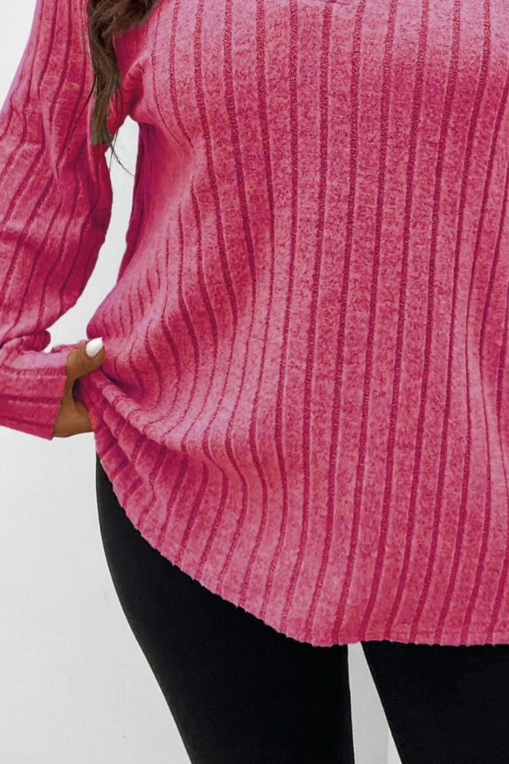 Plus Size Ribbed Johnny Collar Long Sleeve T-Shirt Trendsi