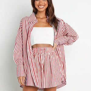 Striped Dropped Shoulder Shirt and Shorts Set Trendsi