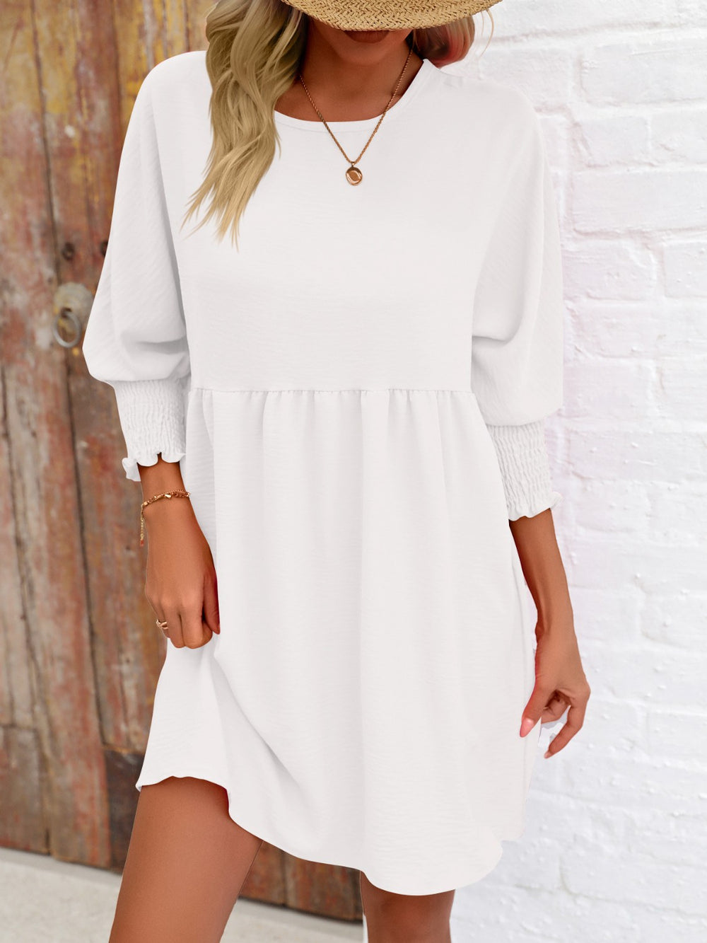 Round Neck Lantern Sleeve Mini Dress Trendsi