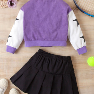 Girls Contrast Bomber Jacket, Tank, and Pleated Skirt Set Trendsi