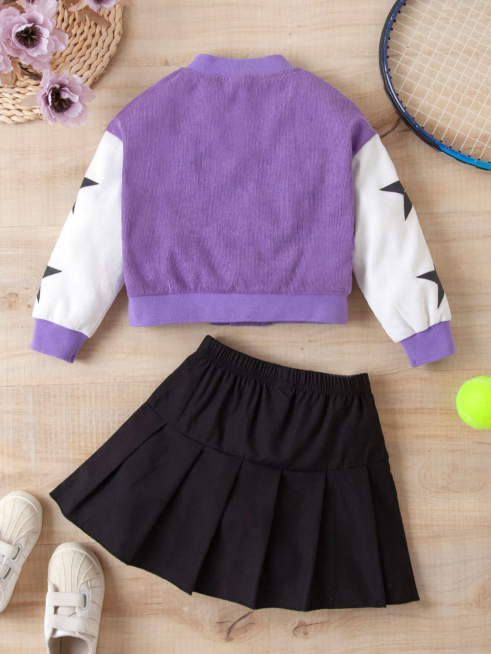 Girls Contrast Bomber Jacket, Tank, and Pleated Skirt Set Trendsi