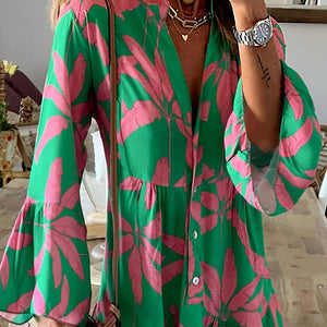 Printed Notched Long Sleeve Mini Dress Trendsi