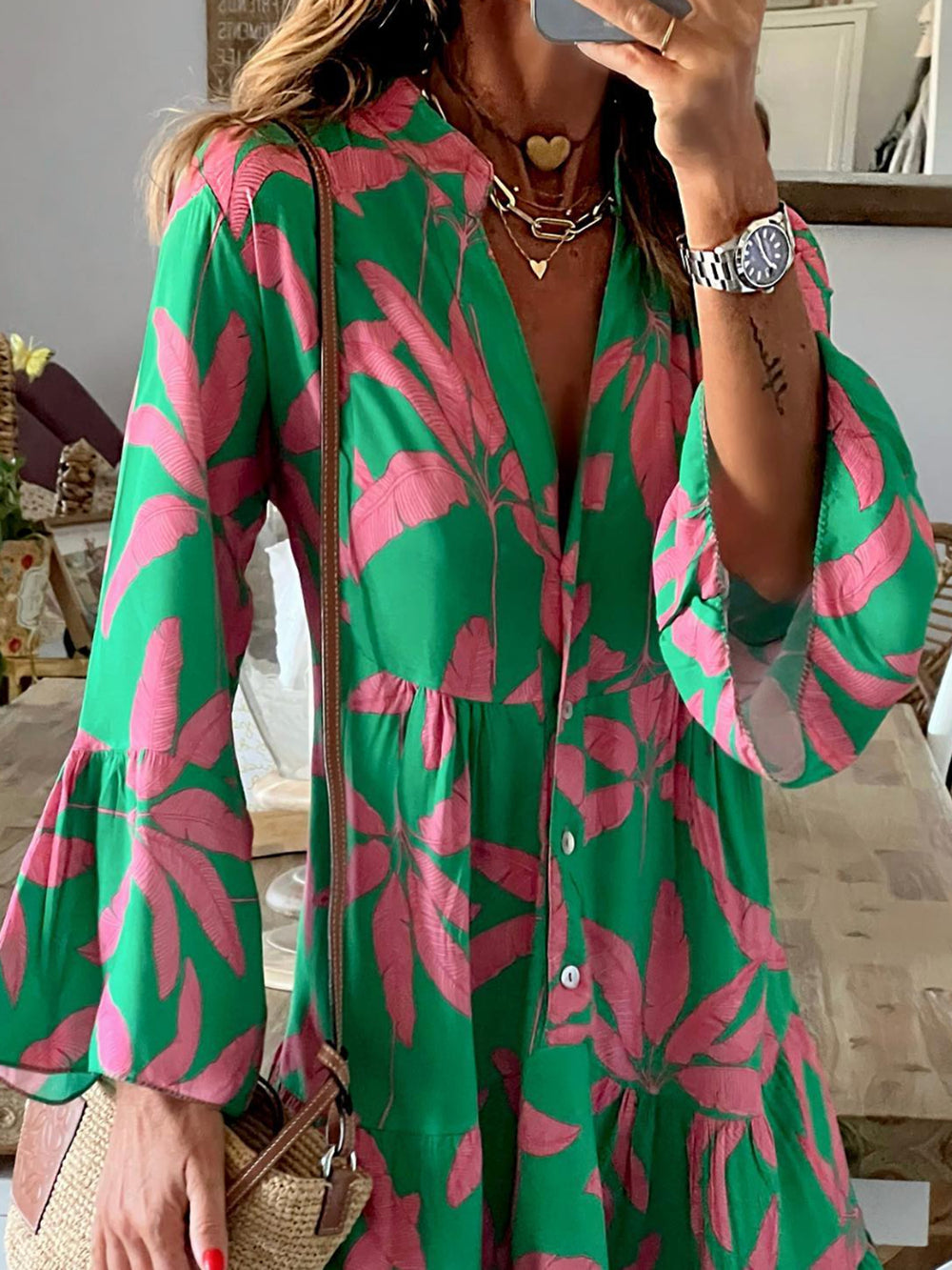 Printed Notched Long Sleeve Mini Dress Trendsi