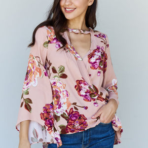 ODDI Full Size Floral Bell Sleeve Crepe Top Trendsi