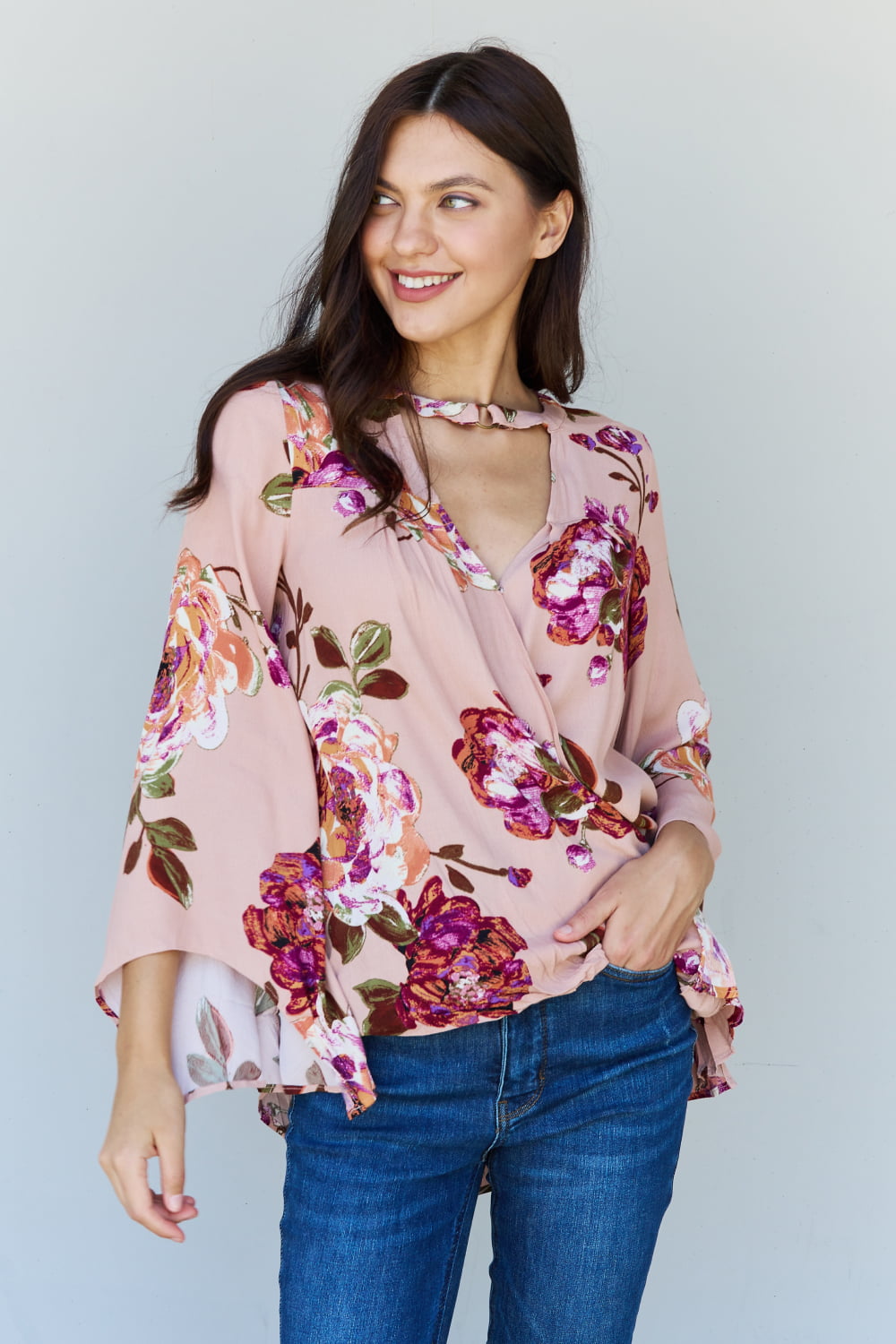 ODDI Full Size Floral Bell Sleeve Crepe Top Trendsi