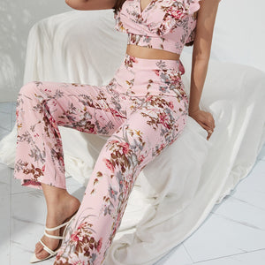 Printed Surplice Cap Sleeve Top and Pants Set Trendsi