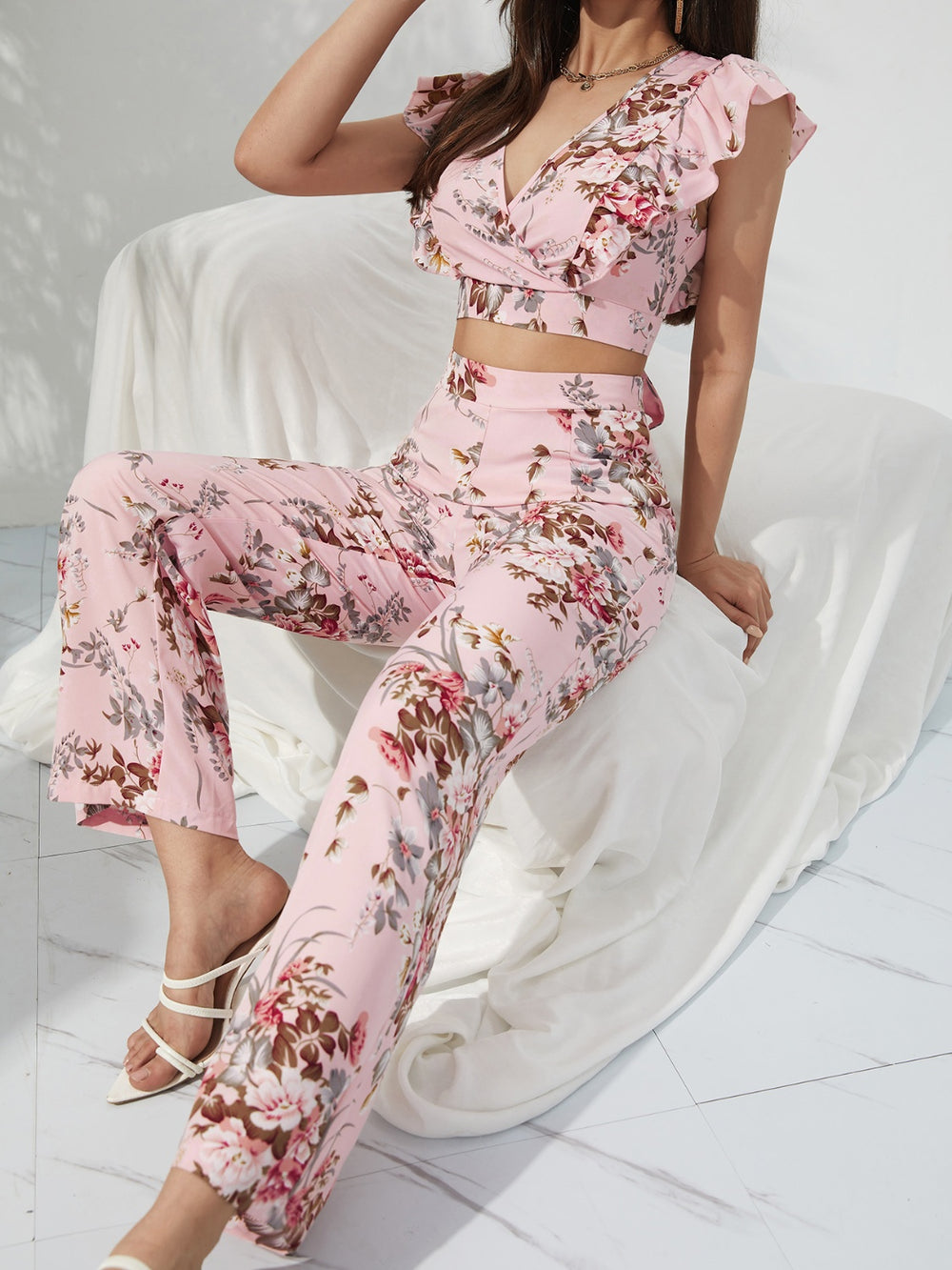 Printed Surplice Cap Sleeve Top and Pants Set Trendsi