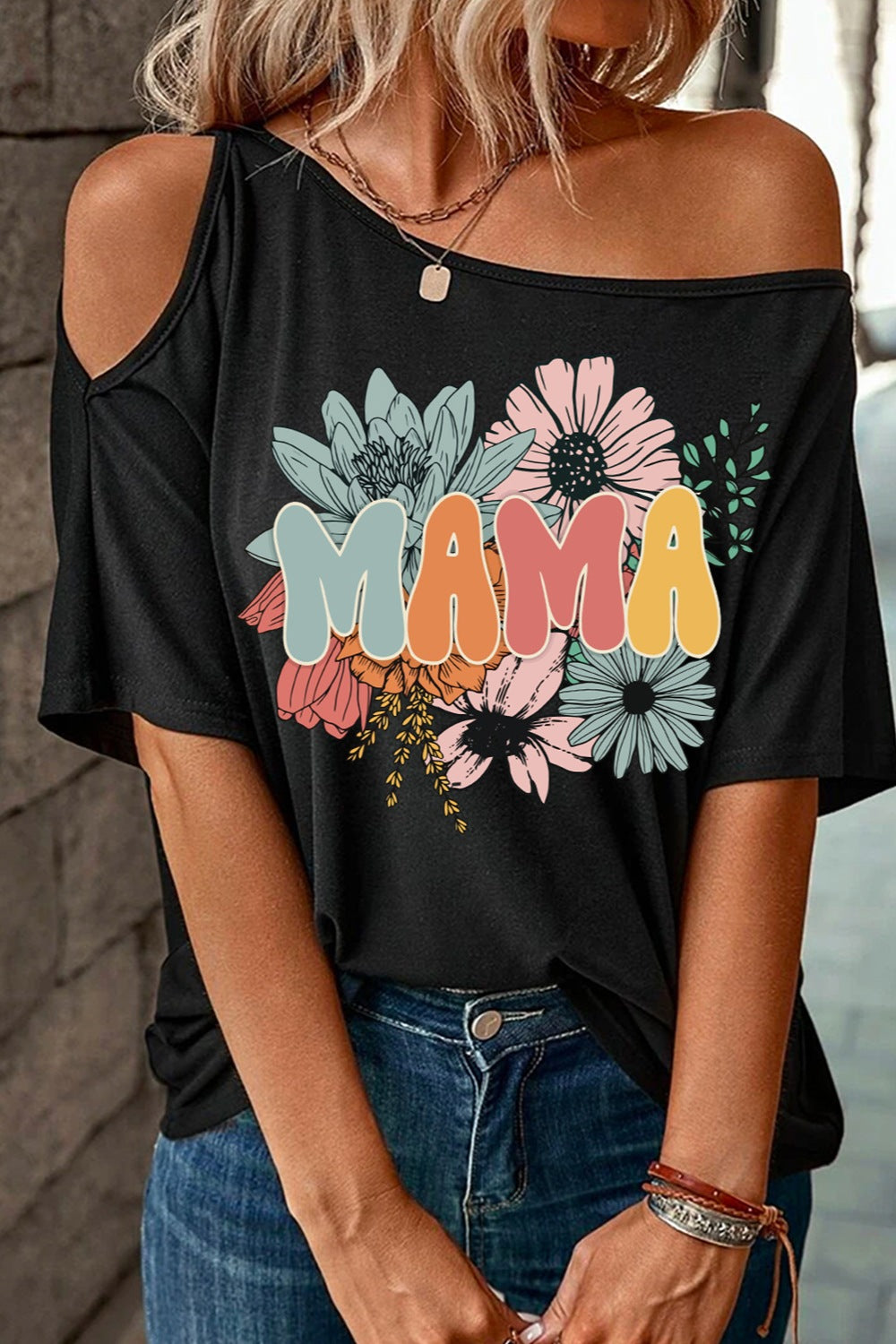 MAMA One Shoulder Half Sleeve T-Shirt Trendsi