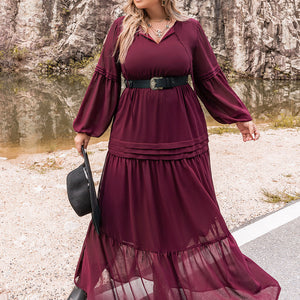 Plus Size Tie Neck Ballon Sleeve Tiered Dress Trendsi