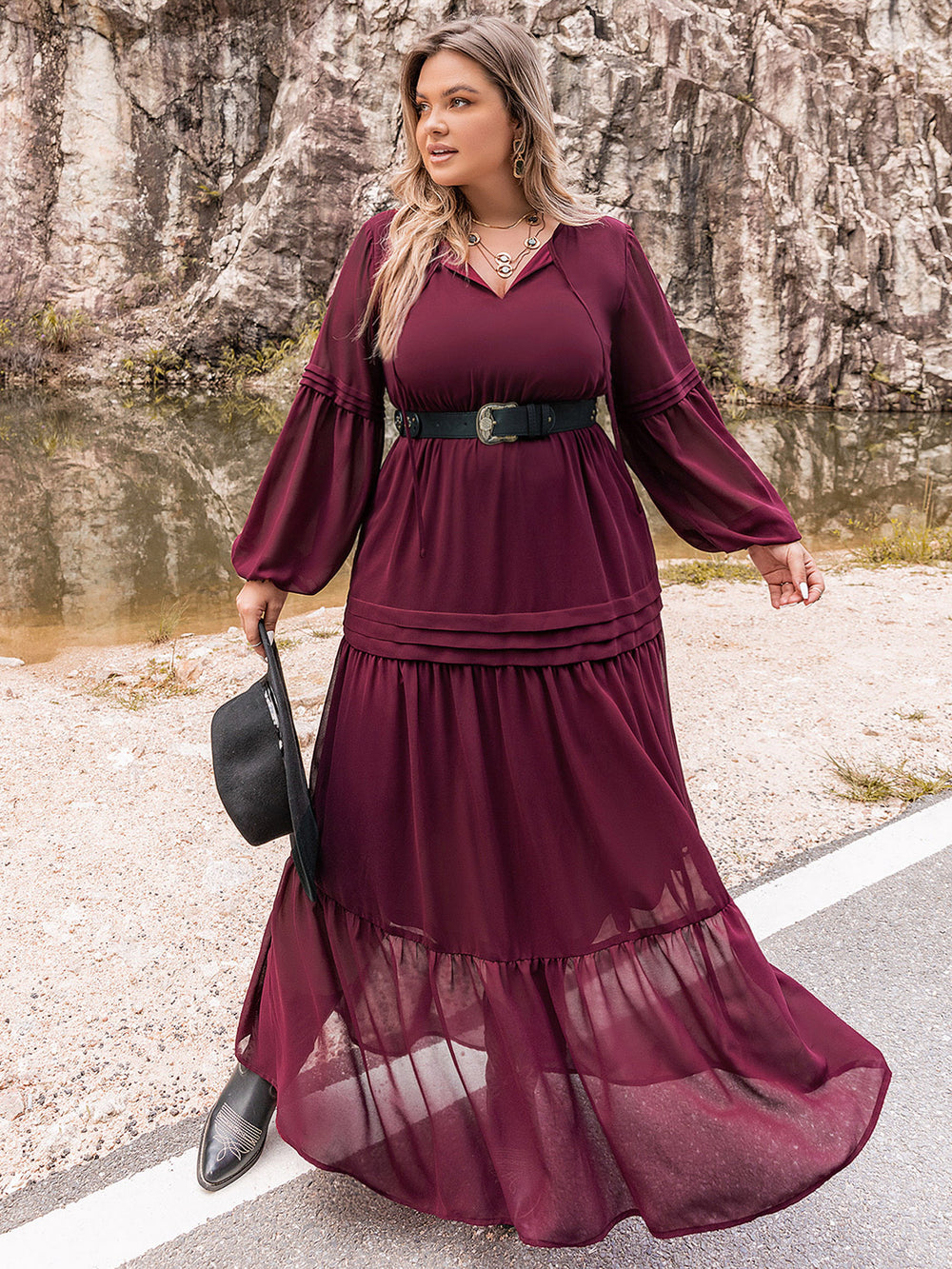 Plus Size Tie Neck Ballon Sleeve Tiered Dress Trendsi