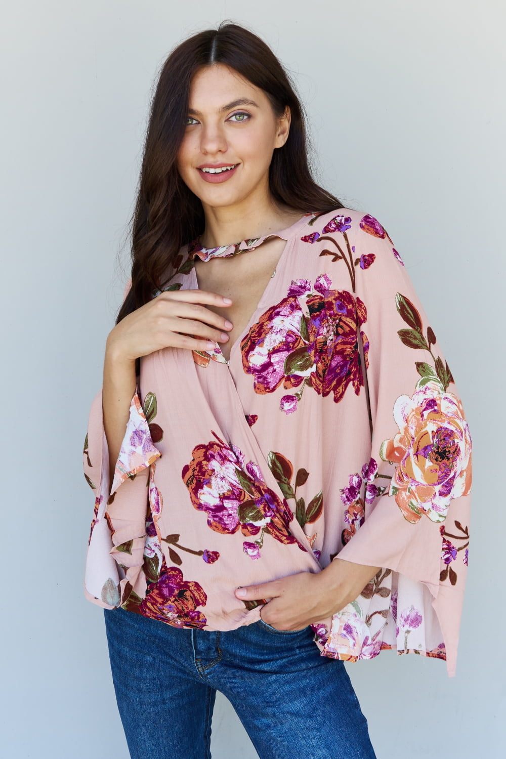 ODDI Full Size Floral Bell Sleeve Crepe Top Trendsi