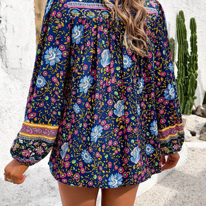 Printed Tie Neck Long Sleeve Blouse Trendsi