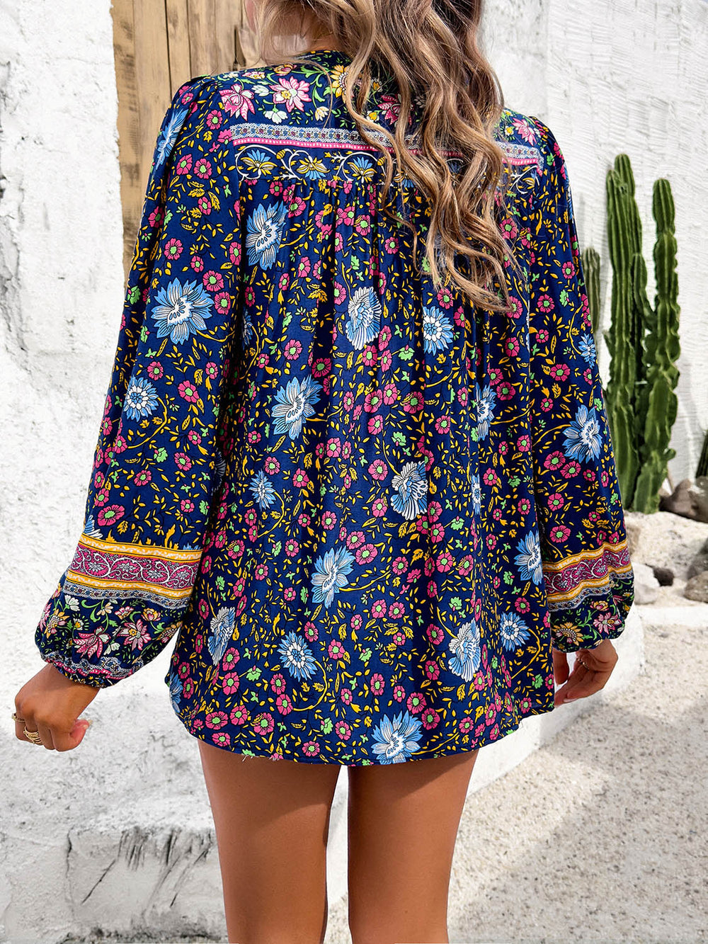 Printed Tie Neck Long Sleeve Blouse Trendsi