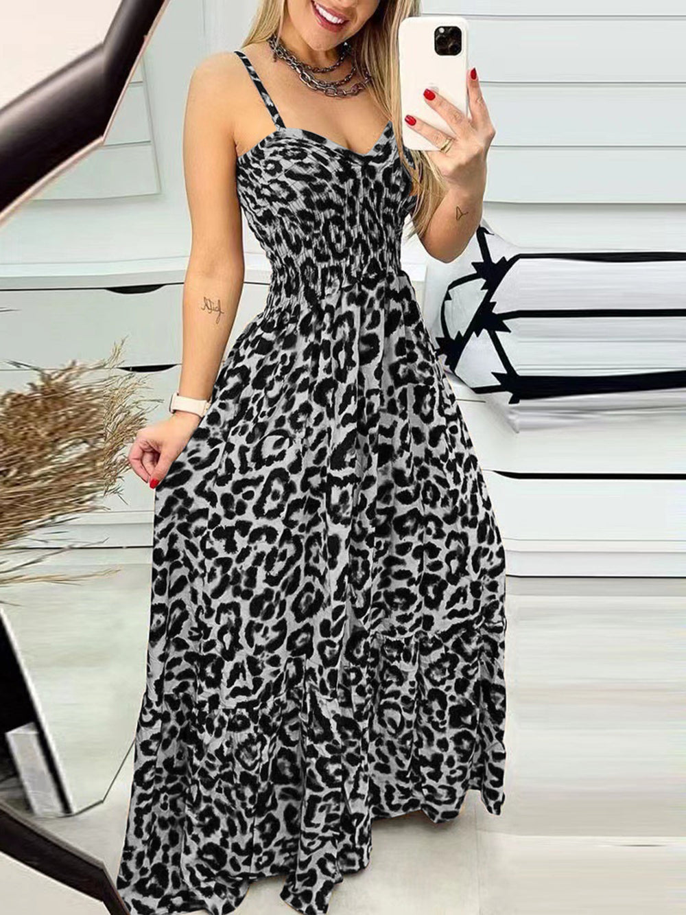 Leopard Sweetheart Neck Cami Dress Trendsi