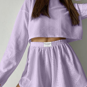 Eyelet Round Neck Top and Shorts Set Trendsi