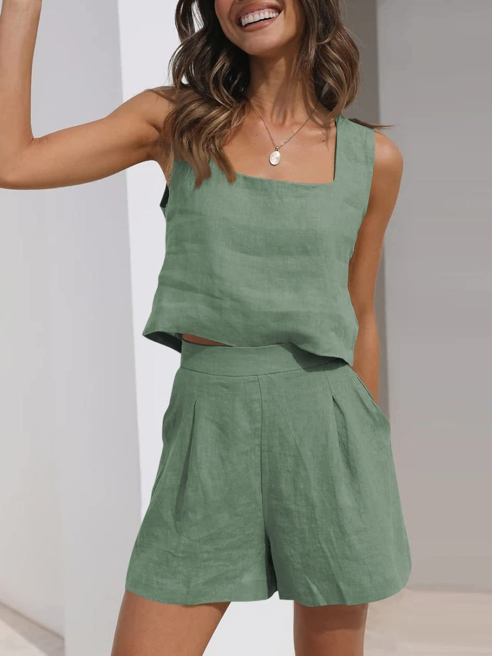 Square Neck Wide Strap Top and  Shorts Set Trendsi