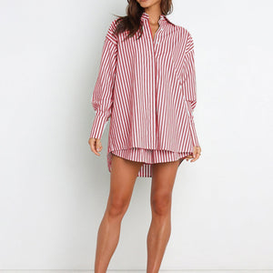 Striped Dropped Shoulder Shirt and Shorts Set Trendsi