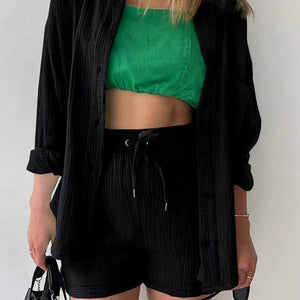 Texture Button Up Shirt and Drawstring Shorts Set Trendsi