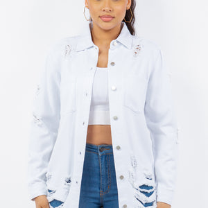 American Bazi Distressed Button Up Long Sleeve Denim Jacket Trendsi