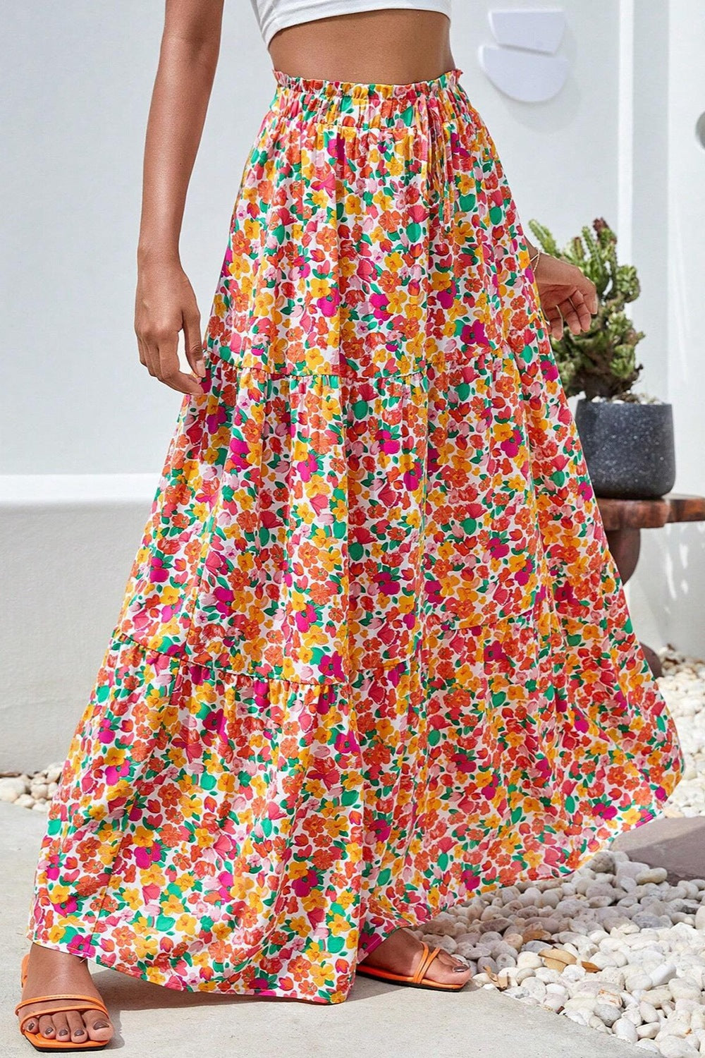 Printed Elastic Waist Maxi Skirt Trendsi