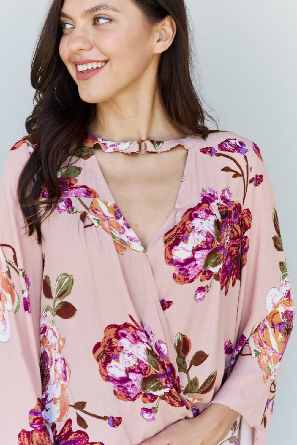 ODDI Full Size Floral Bell Sleeve Crepe Top Trendsi