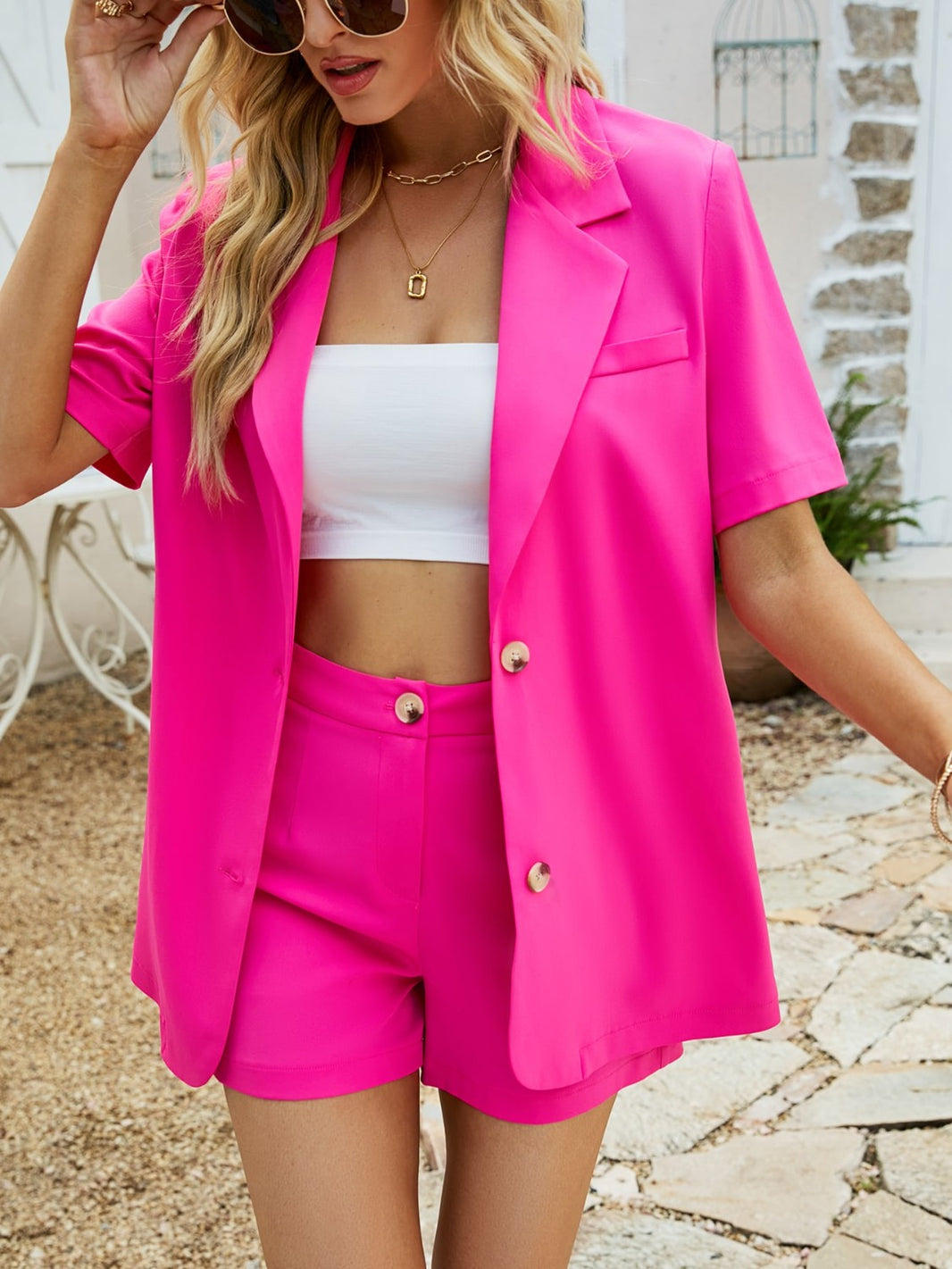 Short Sleeve Blazer and Shorts Set Trendsi