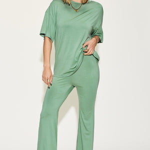 Basic Bae Full Size Bamboo Drop Shoulder T-Shirt and Flare Pants Set Trendsi