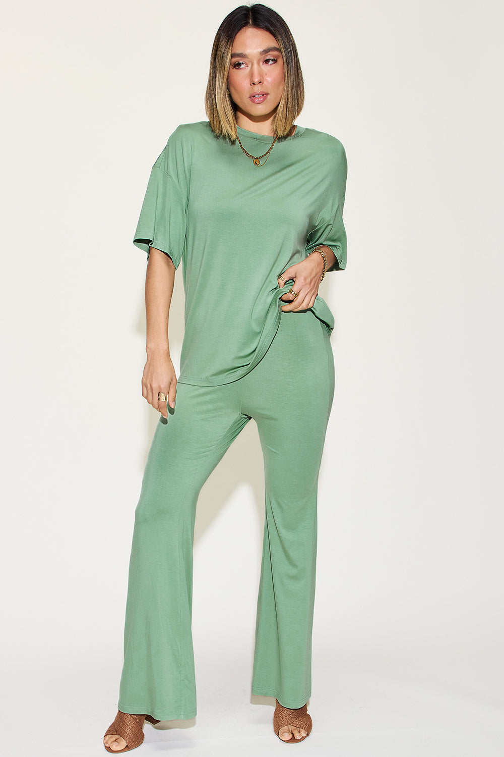 Basic Bae Full Size Bamboo Drop Shoulder T-Shirt and Flare Pants Set Trendsi