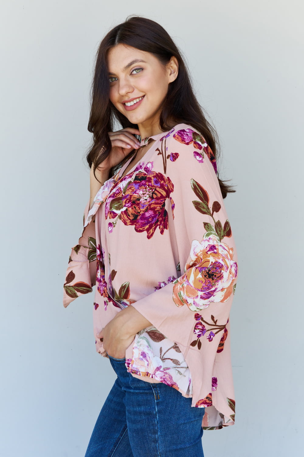 ODDI Full Size Floral Bell Sleeve Crepe Top Trendsi