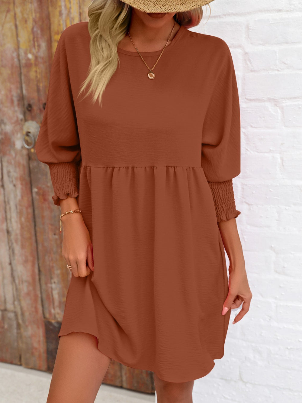 Round Neck Lantern Sleeve Mini Dress Trendsi