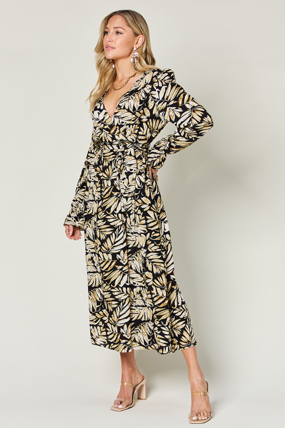 Double Take Full Size Tie Back Flounce Sleeve Dress Trendsi