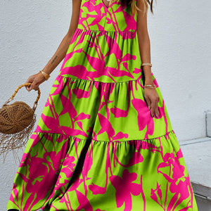 Tiered Printed V-Neck Sleeveless Dress Trendsi