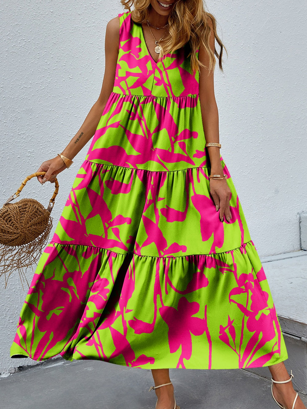 Tiered Printed V-Neck Sleeveless Dress Trendsi