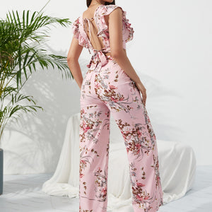 Printed Surplice Cap Sleeve Top and Pants Set Trendsi